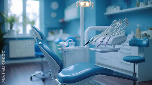 Dentist surgery in blue colour. Dental equipments as tooth care concept. Selective focus. Copy space 