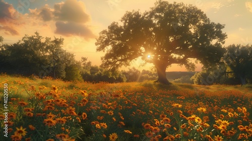In the heart of a sun-drenched meadow  vibrant wildflowers sway gently in the breeze  their petals kissed by golden light.