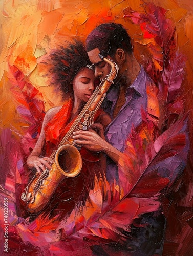 This image depicts a romantic scene where a man is embracing a woman from behind while she plays the saxophone. Both individuals appear to be enjoying a private moment, surrounded by vibrant, expressi