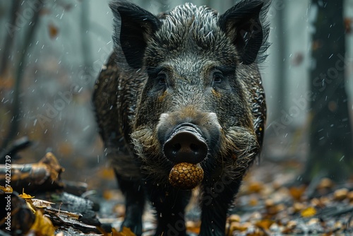 A majestic boar proudly carries a pine cone, showcasing its wild nature and connection to the great outdoors