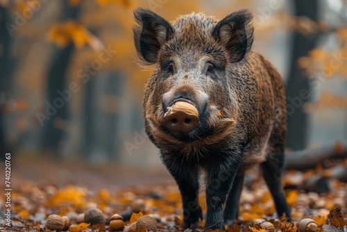 A curious domestic pig stands on the ground, its snout holding a nut as it surveys the outdoor landscape with the wisdom of a wise mammal