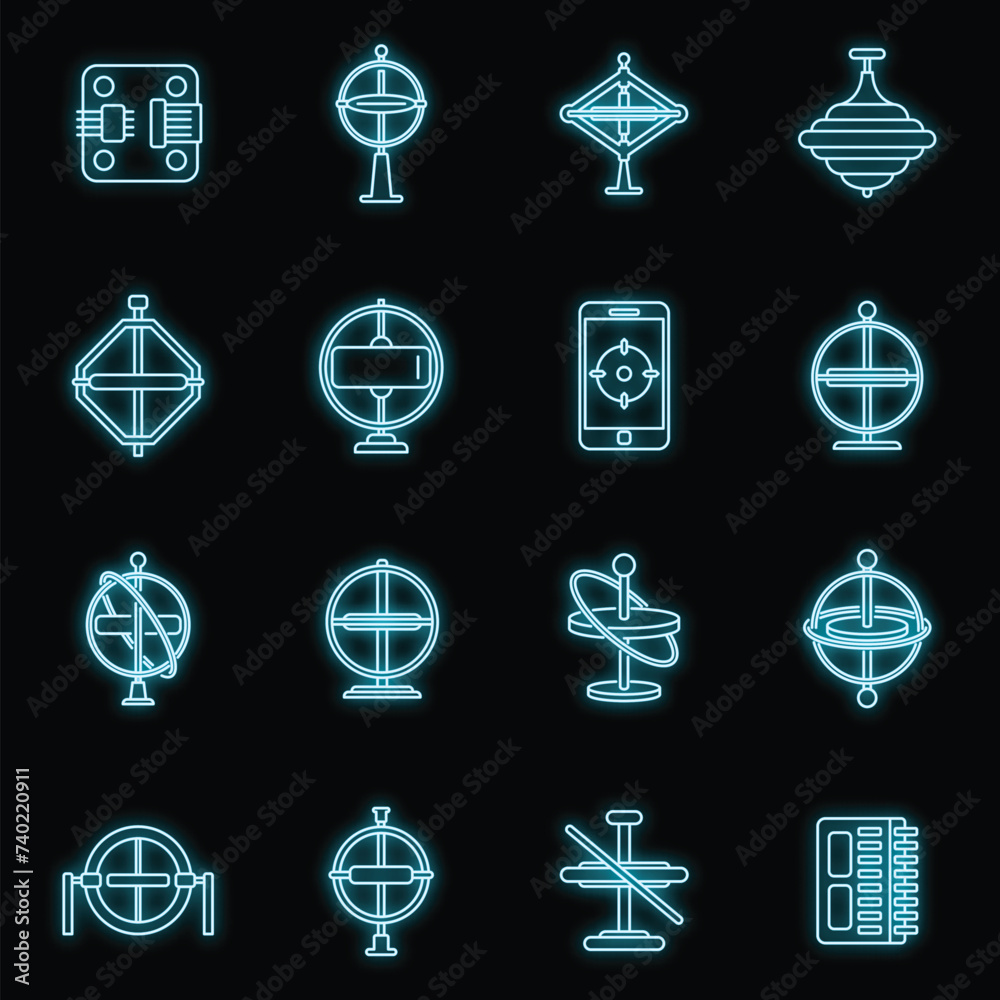 Gyroscope instrument icons set. Outline set of gyroscope instrument vector icons neon color on black