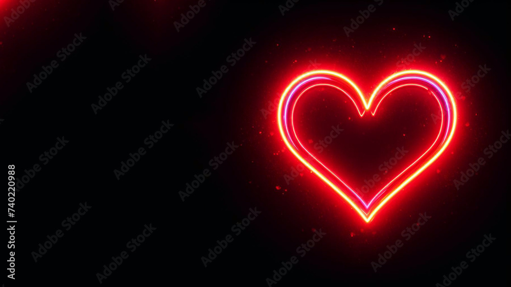 Neon red heart on black background, love, abstract and decorative concept, symbol of electric light banner in heart shape