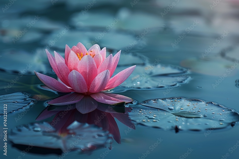 A vibrant pink lotus flower floats delicately on the tranquil waters, its petals glistening in the sunlight and reflecting the beauty of nature