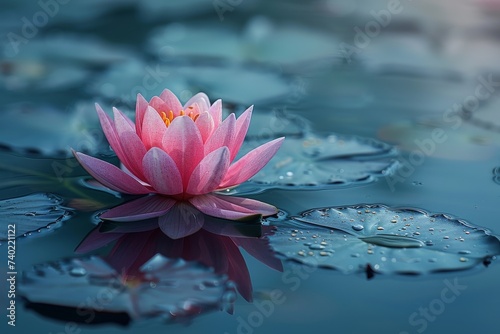 A vibrant pink lotus flower floats delicately on the tranquil waters, its petals glistening in the sunlight and reflecting the beauty of nature