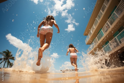 Gli adolescenti si rilassano nella piscina all'aperto. Alcuni bambini giocano felici nell'acqua, ridendo e sguazzando.