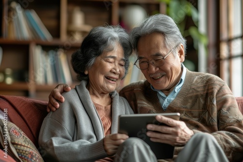 Senior man and woman smiling and looking at a smartphone together in a cozy home environment.
