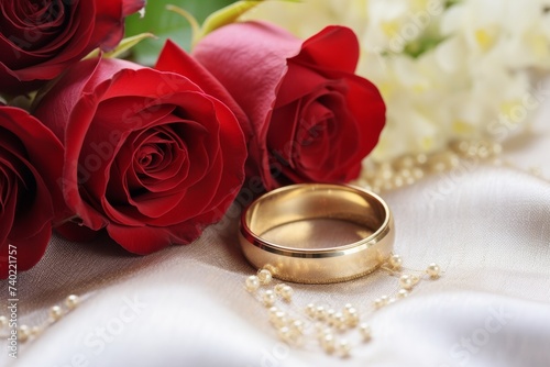 Red gold wedding rings on white silk with bokeh and white roses, elegance and romance captured