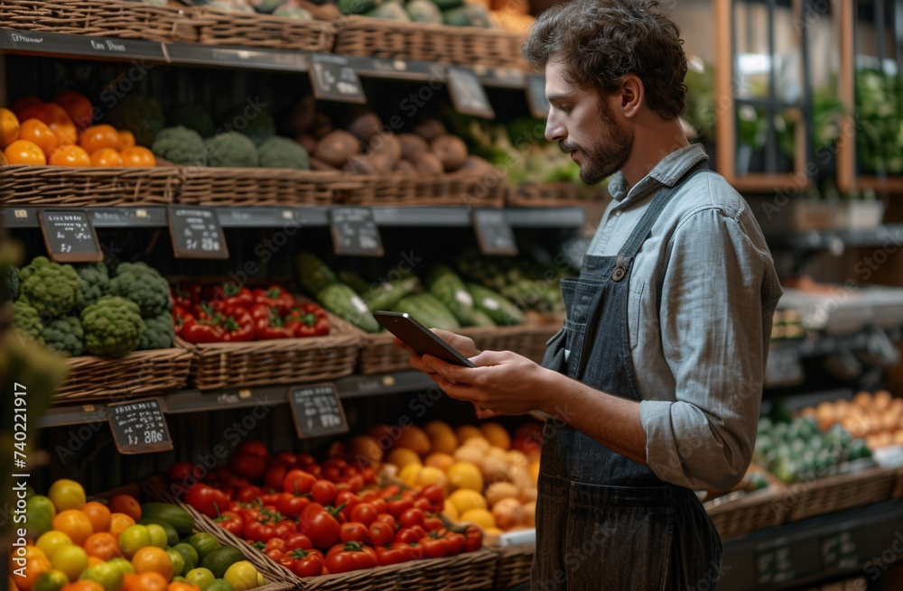 A health-conscious man proudly presents a tablet in his apron pocket as he stands in front of a vibrant display of fresh produce, embodying the values of local and natural foods at his greengrocer ma