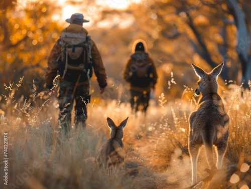 Australian bush outfit in Outback  kangaroos hopping  rugged adventure