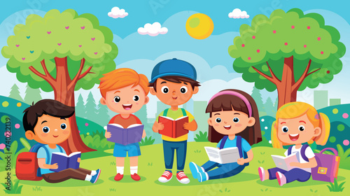 Group of Children Reading Books in the Park