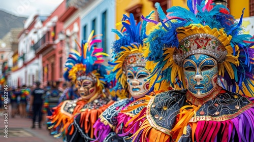 Bolivian Pollera during Oruro Carnival, masks and music, cultural extravaganza © Fokasu Art