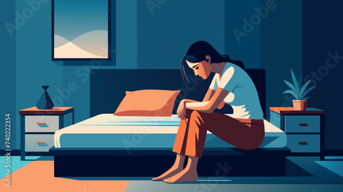 Woman Sitting on Bed in a Dimly Lit Bedroom at Night
