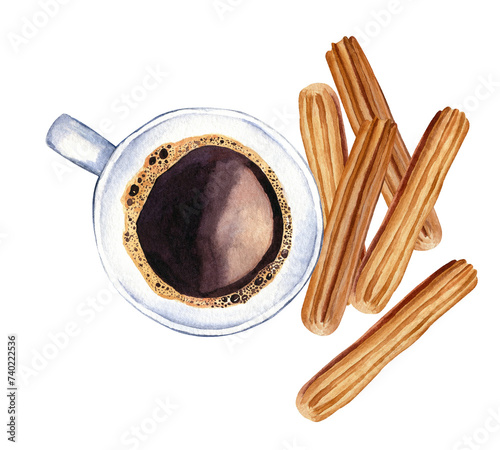 Set of watercolor churros with cup of hot coffee. Spanish or mexican snack. Sweet dessert. Hand-drawn illustration isolated on transparent.