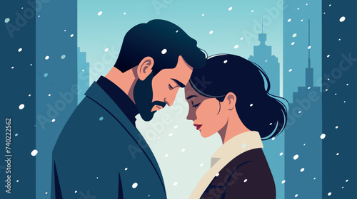 Romantic Couple Embracing in Snowy City Evening