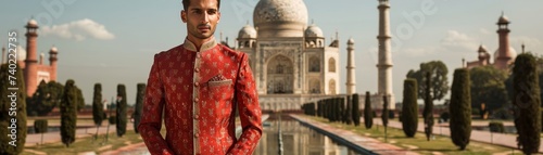 Indian sherwani at Taj Mahal, elegance and architectural wonder combined