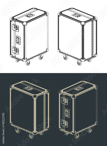 Rolling road case for stage equipment isometric blueprints