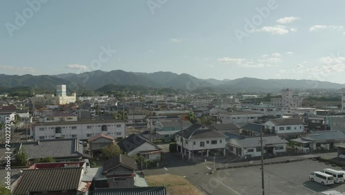 Izumi cityscape, Kyushu, Japan. Aerial Establishing Shot