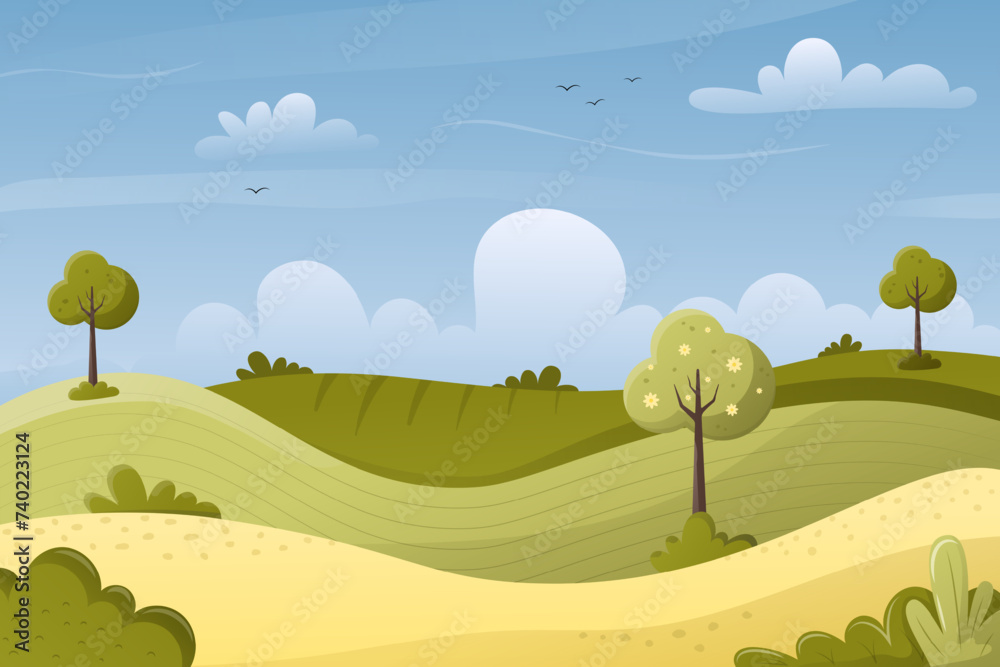 Spring, summer landscape. Field, trees, bushes, clouds, beautiful sky. Vector illustration with a slight gradient. Cartoon background.