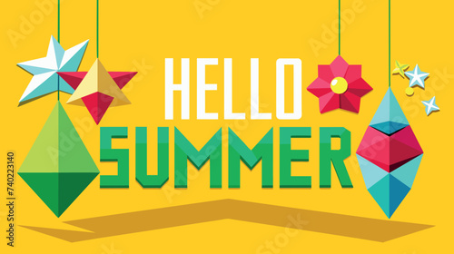 Vibrant Yellow Background With Colorful Origami Stars and Hello Summer Message