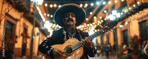 Mariachi in Mexican plaza, sombrero tilted, guitar in hand under bright lights
