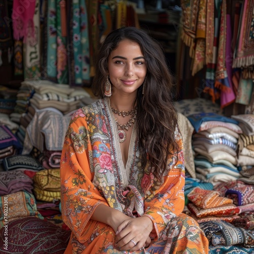 Moroccan caftan in Marrakech market, spices and textiles color the scene