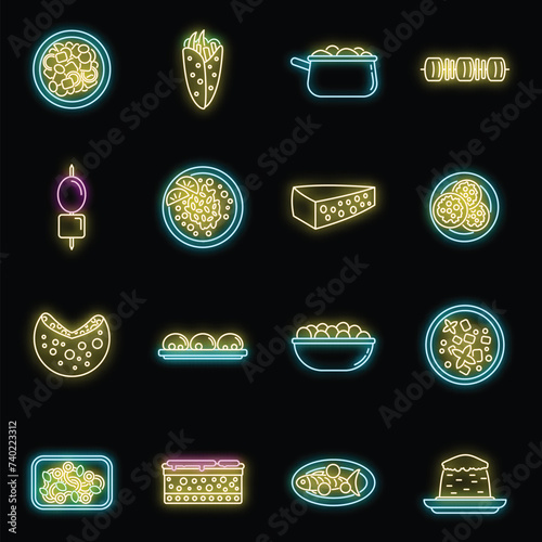Travel Greece food icons set. Outline set of Travel Greece food vector icons neon color on black