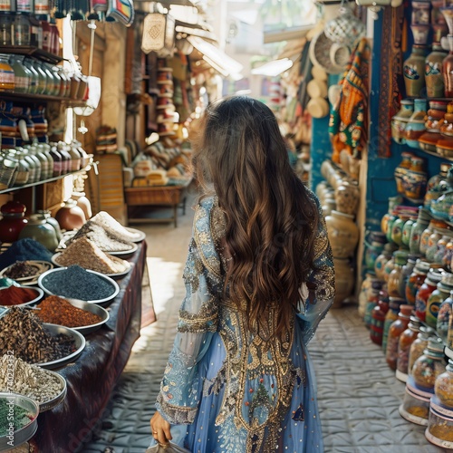 Moroccan caftan in Marrakech market, spices and textiles color the scene