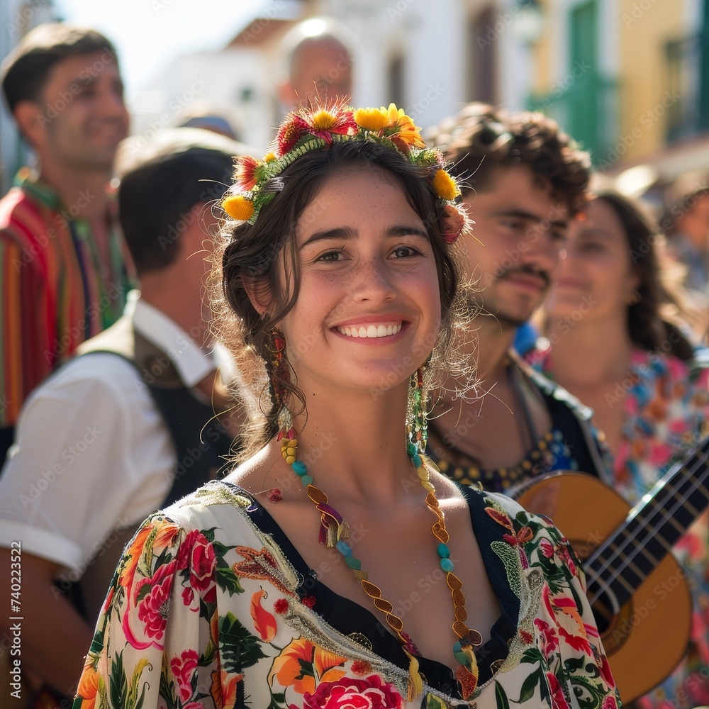 Portuguese Minho dress during Viana do Castelo festival, folk music fills air Portuguese Minho dress during Viana do Castelo festival, folk music fills air