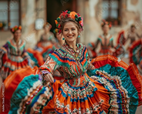 Polish folk dance in Krakow, vibrant costumes, cultural tapestry photo