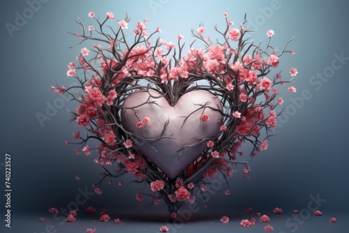 A heart made of white stone framed by centuries with flowers on a light gray background.