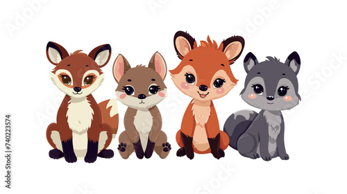 Cute cartoon foxes sitting together on white background