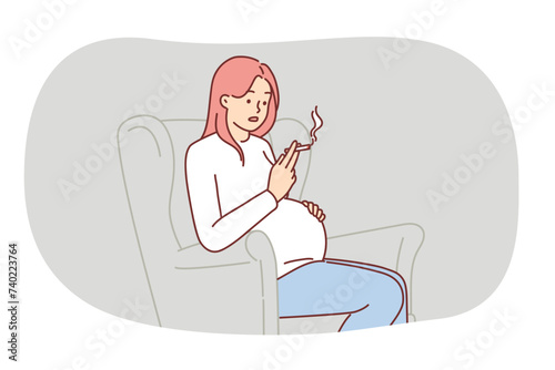 Pregnant woman smokes cigarette, sitting in chair and risks health child due to nicotine addiction