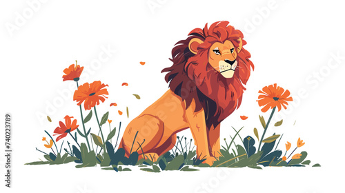 Lion sitting in field of flowers