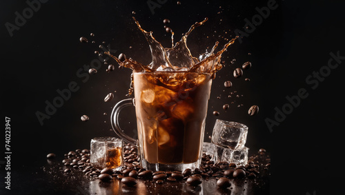 Energetic Splash in a Glass of Iced Coffee, Surrounded by Scattered Coffee Beans, black background.