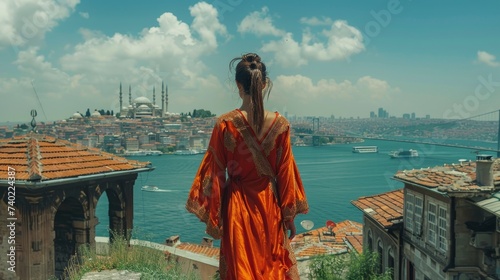 Turkish kaftan at Istanbul skyline, Bosphorus shimmering, crossroads of cultures photo