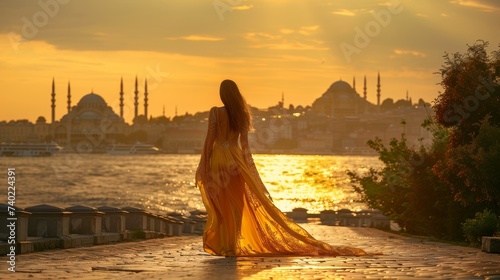 Turkish kaftan at Istanbul skyline, Bosphorus shimmering, crossroads of cultures photo