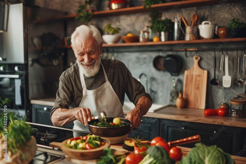 Senior home cook preparing a meal in a countryside kitchen.