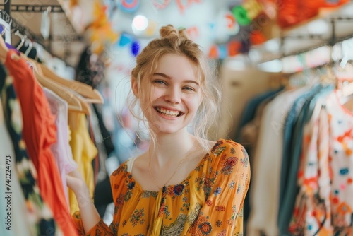 Young woman or girl shopping clothes or visiting a second-hand thrift store.