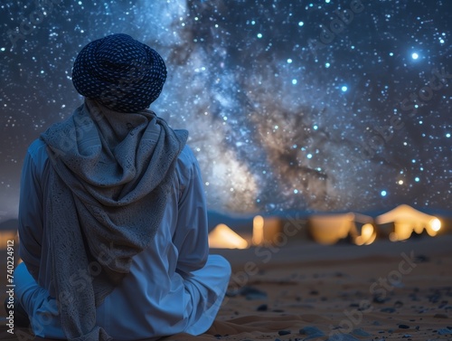 Arabian Thobe in desert camp, under starry sky, timeless tranquility