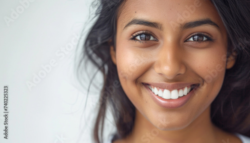 Portrait of a beautiful young asian indian model smiling with clean teeth