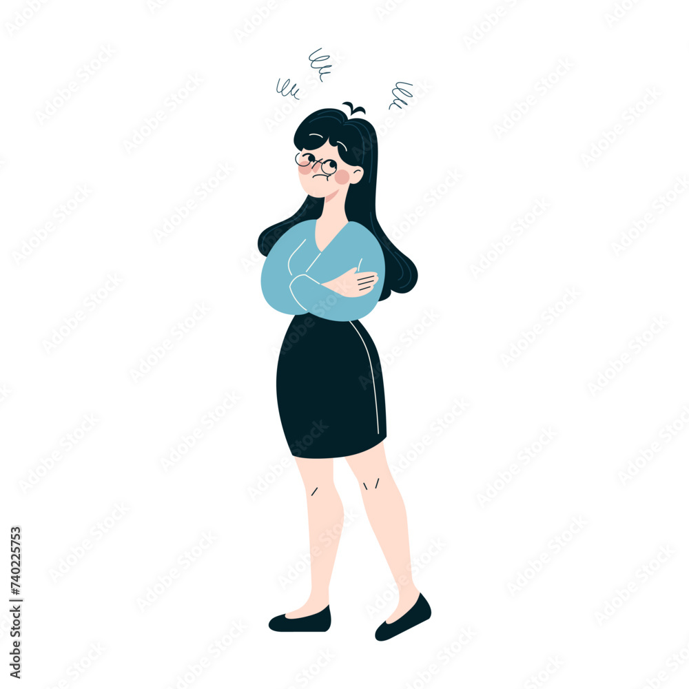 Professional female with crossed arms, pondering solutions, surrounded by thought spirals Professional female with crossed arms, pondering solutions, surrounded by thought spirals