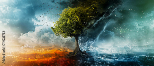 Conceptual art on global warming with visuals of extreme weather patterns and ecological imbalance photo