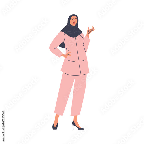 Chic oriental lady in a pink pantsuit and hijab on an isolated background.