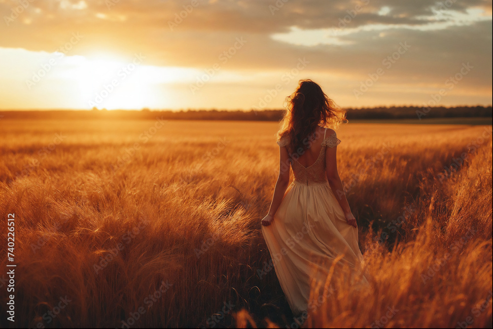 woman in a dress standing in a wheat field woman in a dress standing in a wheat field