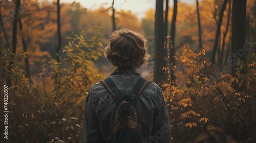 Person with Backpack Admiring the Warm Autumn Colors in a Peaceful Forest Setting