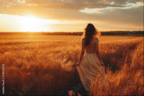 woman in a dress standing in a wheat field