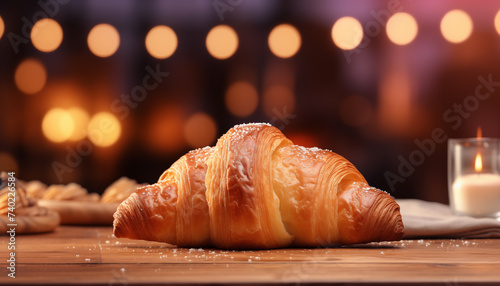 croissant on the table against a blurred bakery background. 