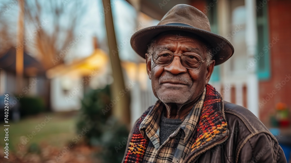 Warm Portrait of an Elderly African American Man with Glasses and Hat in Suburban Neighborhood Warm Portrait of an Elderly African American Man with Glasses and Hat in Suburban Neighborhood
