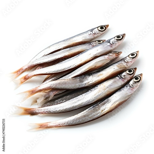 Fresh anchovies arranged in a row on a white background